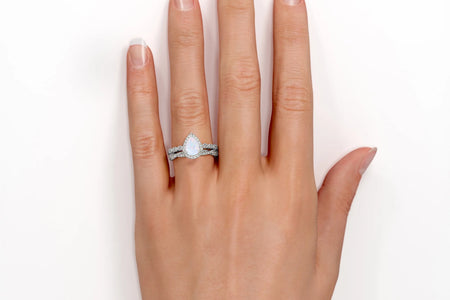 1.5 Carat Pear Cut Lab Created Opal and Moissanite Vintage Engagement Ring - Halo Pave Bridal Set in 18K White Gold Plating for Women