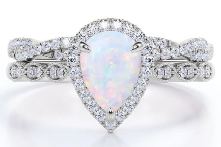 1.5 Carat Pear Cut Lab Created Opal and Moissanite Vintage Engagement Ring - Halo Pave Bridal Set in 18K White Gold Plating for Women